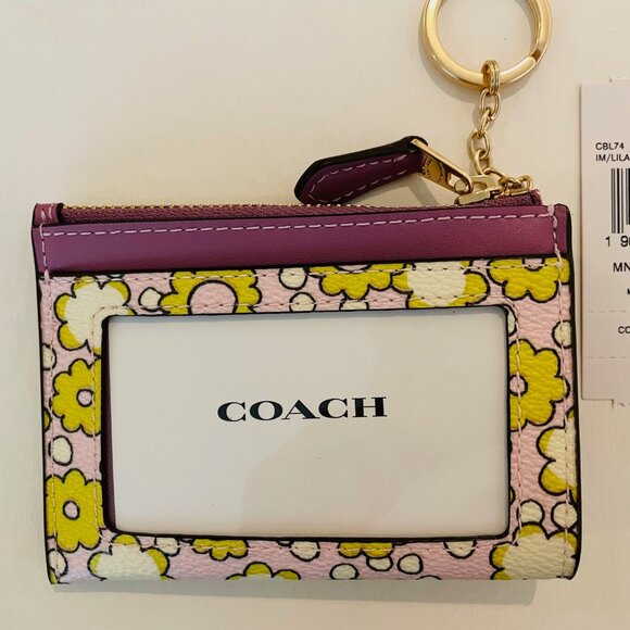 Coach Mini Skinny Id Case, wallet,key chain- Lilly Purple Pink yellow Floral - Picture 3 of 7